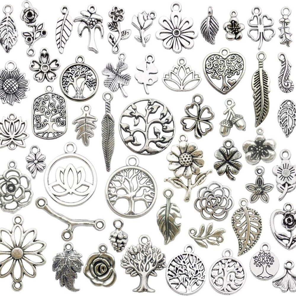 100pcs Mix Silver Tree Flower Charms Collection, Bulk Mini Small Little Charms M